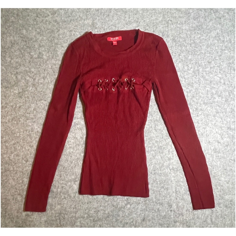 Guess Los Angeles Womens Red Ribbed Lace Up Front Long Sleeve Top Small